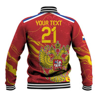 Red back baseball jacket with striped collar, eagle crest graphic, and custom text