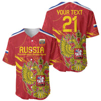 Red baseball jersey showing Russia crest and double-headed eagle graphic, front and back