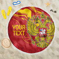 Red round beach blanket with white fringe, double-headed eagle crest and YOUR TEXT