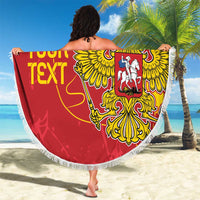 Red round beach blanket with white fringe, eagle crest and YOUR TEXT, banner-style