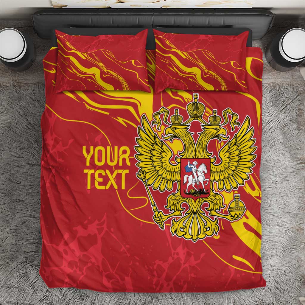 Red duvet cover bedding set with gold flame pattern, double-headed eagle and “YOUR TEXT”