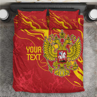 Red duvet cover bedding set with gold flame pattern, double-headed eagle and “YOUR TEXT”