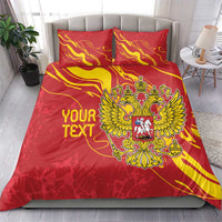 Red bedding set with “YOUR TEXT” and double-headed eagle crest, gold flame detailing