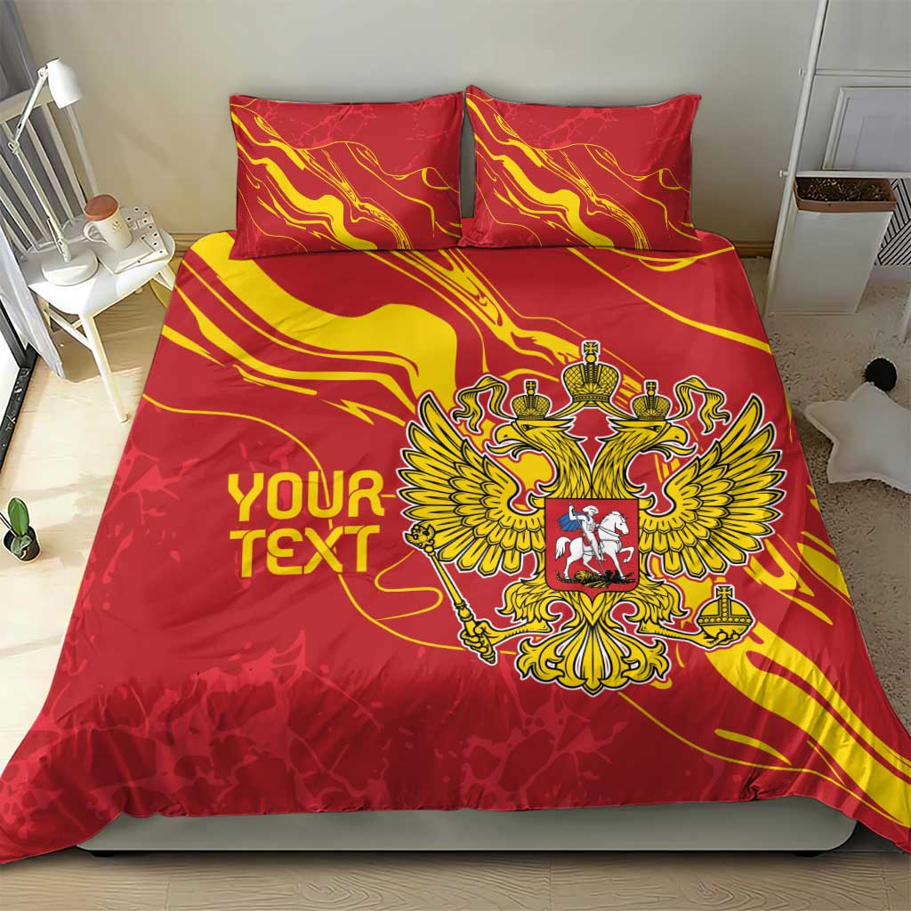 Red bedding set with gold flame lines and double-headed eagle crest across the duvet