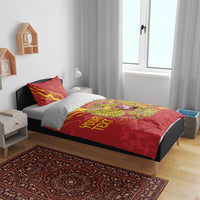 Red duvet cover and pillowcases with gold flame pattern, “YOUR TEXT” and eagle crest