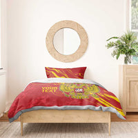 Red duvet cover with “YOUR TEXT” text and double-headed eagle emblem, with matching pillows