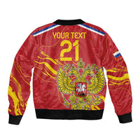 Red satin bomber jacket back with yellow graphic, Russia eagle crest, black ribbed hem cuffs