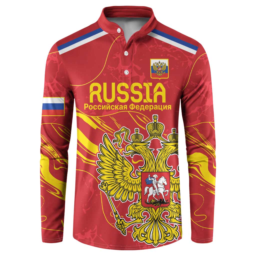 Red button-up sweatshirt with Russia graphic, flag stripes, and crest emblem