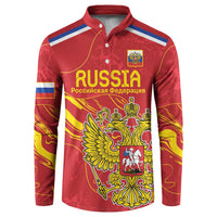 Red button-up sweatshirt with Russia graphic, flag stripes, and crest emblem
