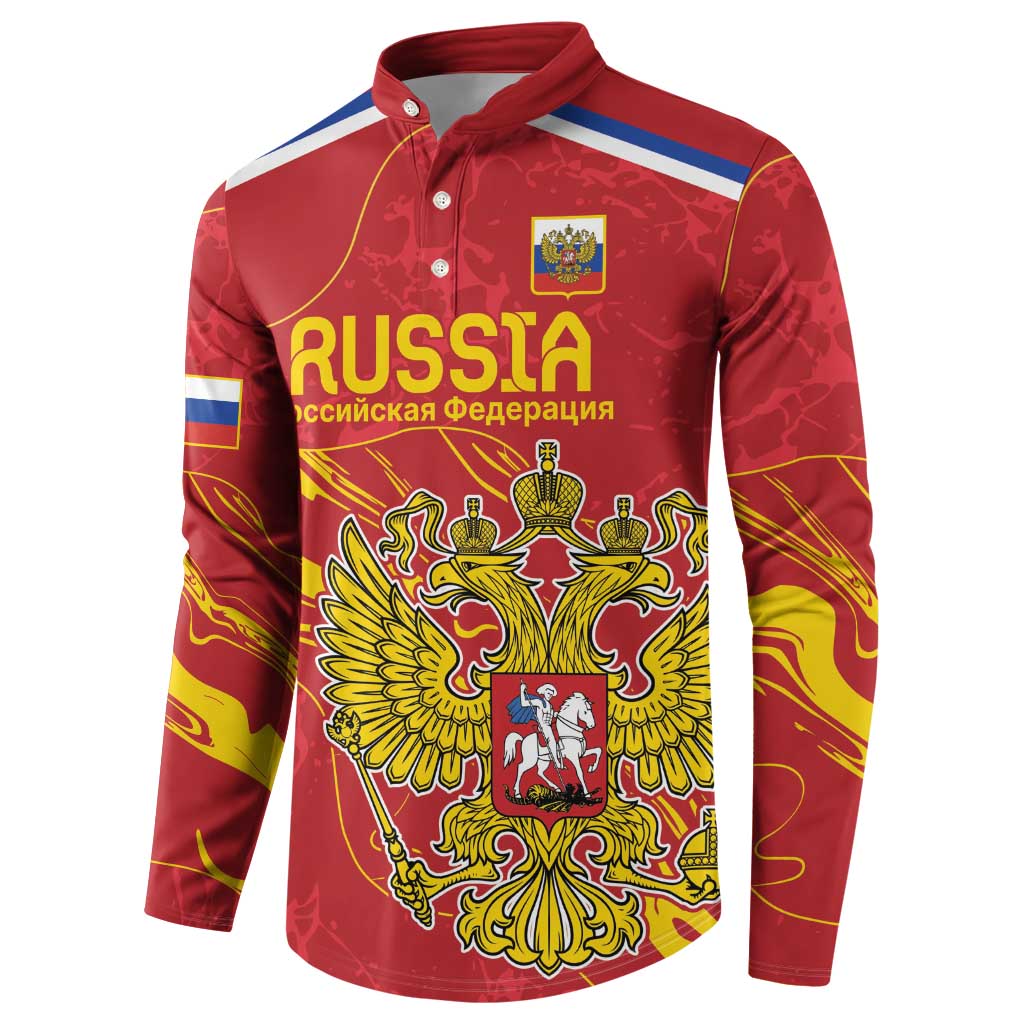 Red button-up sweatshirt with Russia graphic and double-headed eagle emblem