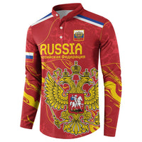 Red button-up sweatshirt with Russia graphic and double-headed eagle emblem