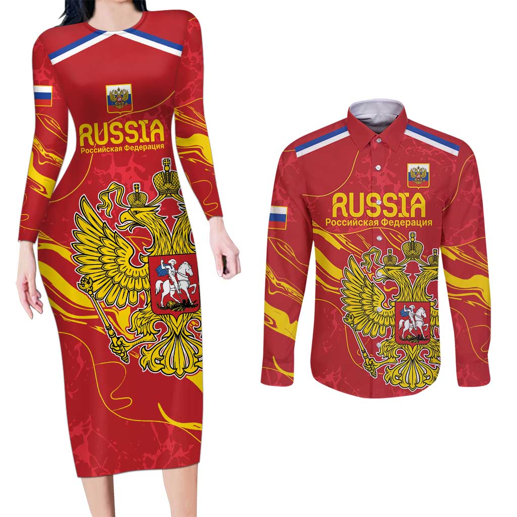 Custom Russia with Double-headed Eagle Couples Matching Long Sleeve Bodycon Dress and Long Sleeve Button Shirt LT9 - Wonder Print Shop