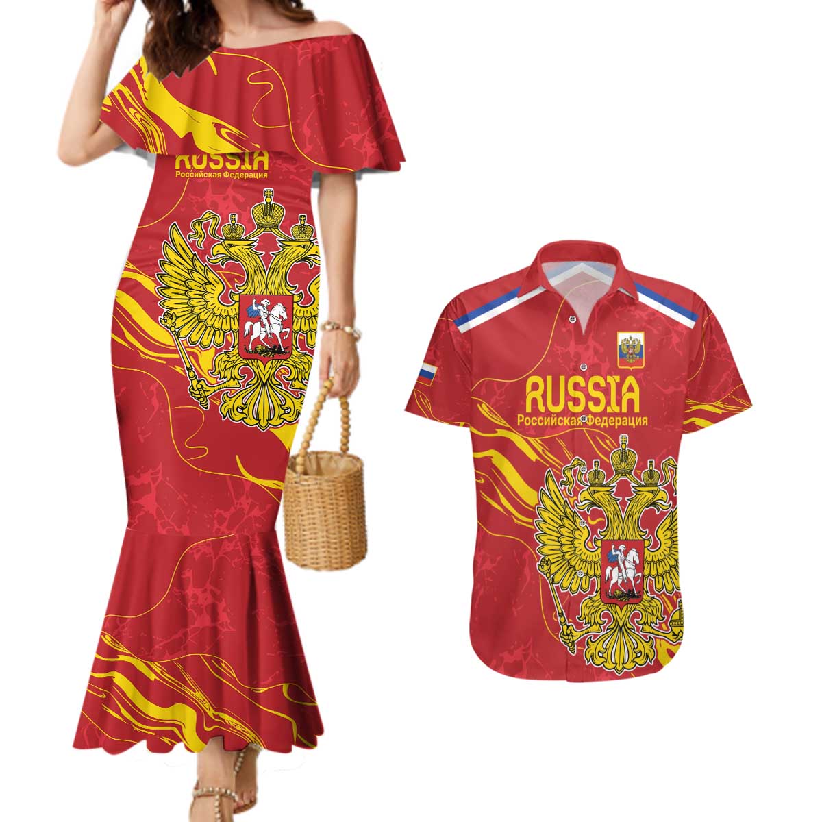 Custom Russia with Double-headed Eagle Couples Matching Mermaid Dress and Hawaiian Shirt LT9 - Wonder Print Shop