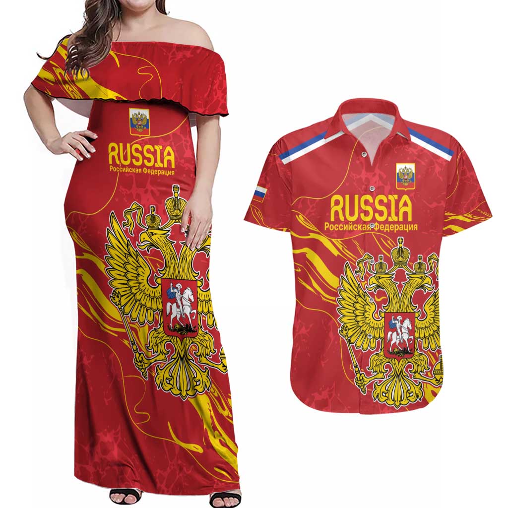 Custom Russia with Double-headed Eagle Couples Matching Off Shoulder Maxi Dress and Hawaiian Shirt LT9 - Wonder Print Shop