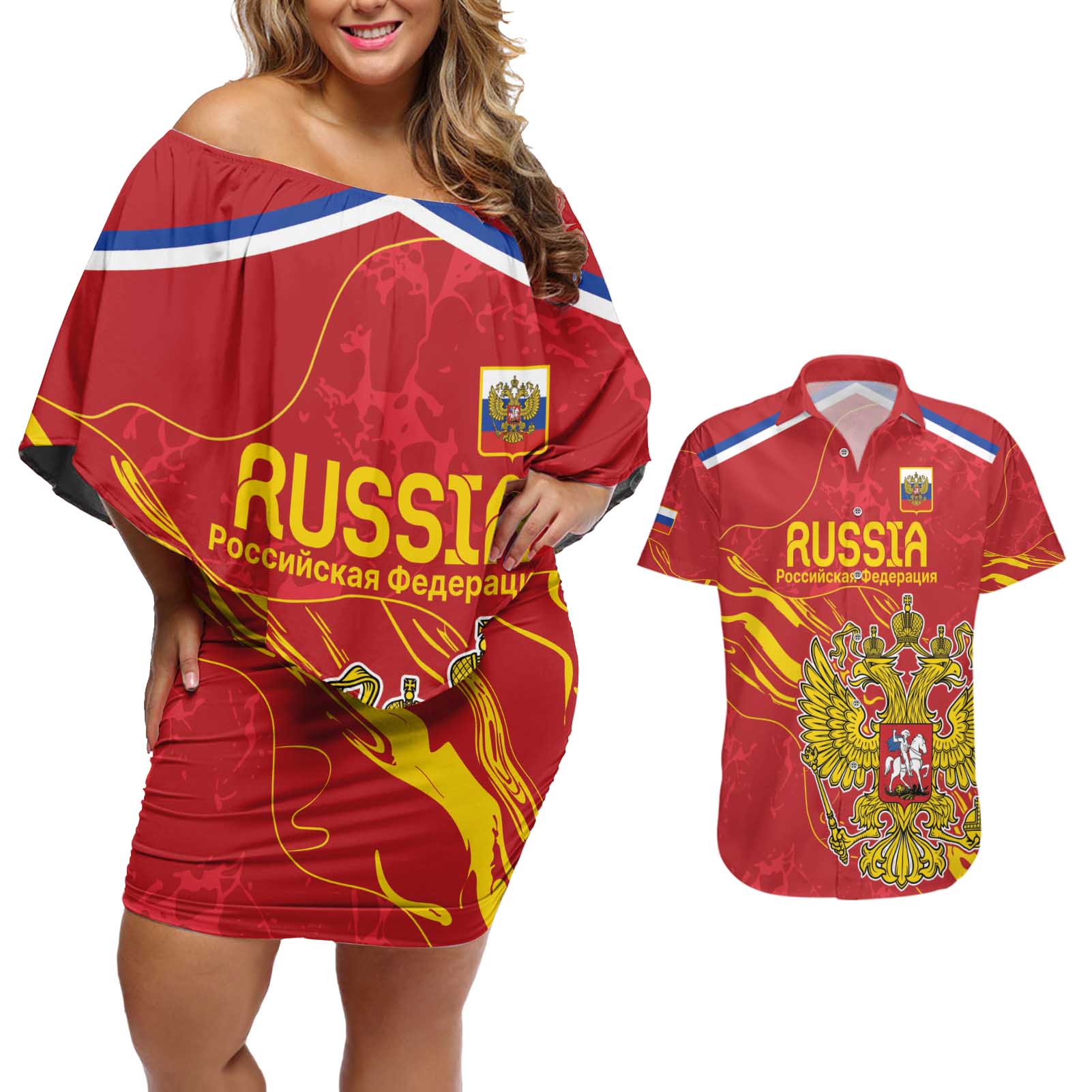 Custom Russia with Double-headed Eagle Couples Matching Off Shoulder Short Dress and Hawaiian Shirt LT9 - Wonder Print Shop