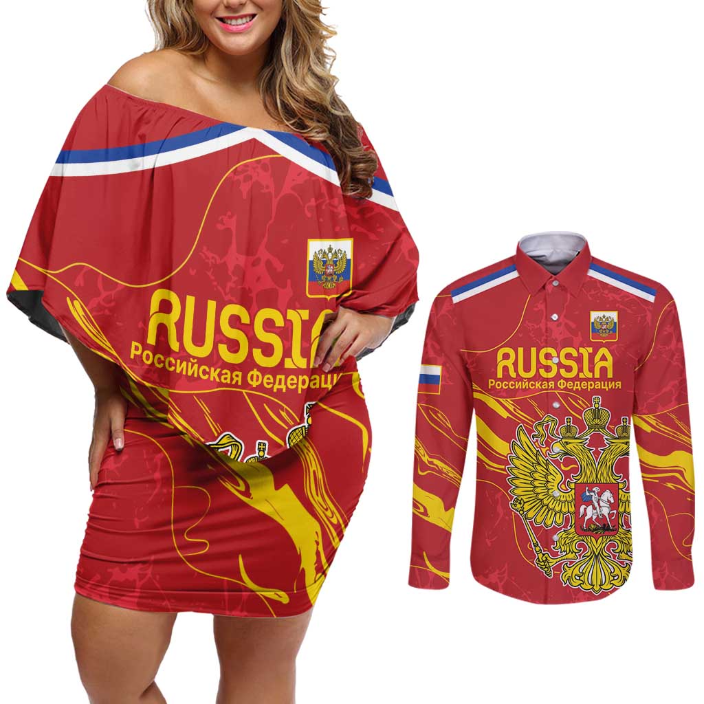 Custom Russia with Double-headed Eagle Couples Matching Off Shoulder Short Dress and Long Sleeve Button Shirt LT9 - Wonder Print Shop