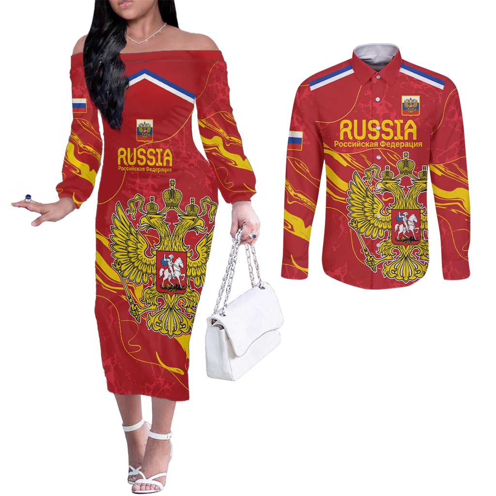 Custom Russia with Double-headed Eagle Couples Matching Off The Shoulder Long Sleeve Dress and Long Sleeve Button Shirt