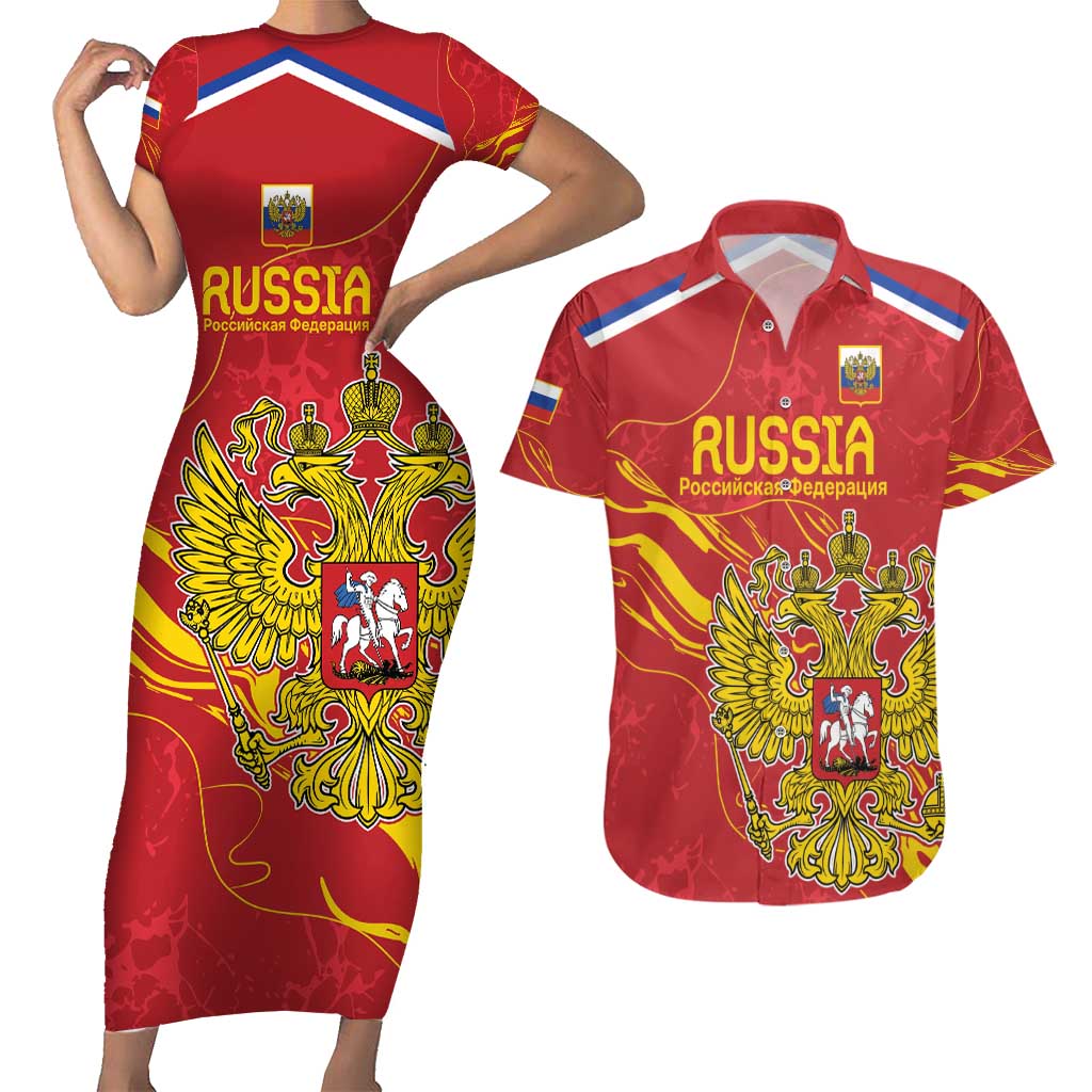 Custom Russia with Double-headed Eagle Couples Matching Short Sleeve Bodycon Dress and Hawaiian Shirt LT9 - Wonder Print Shop