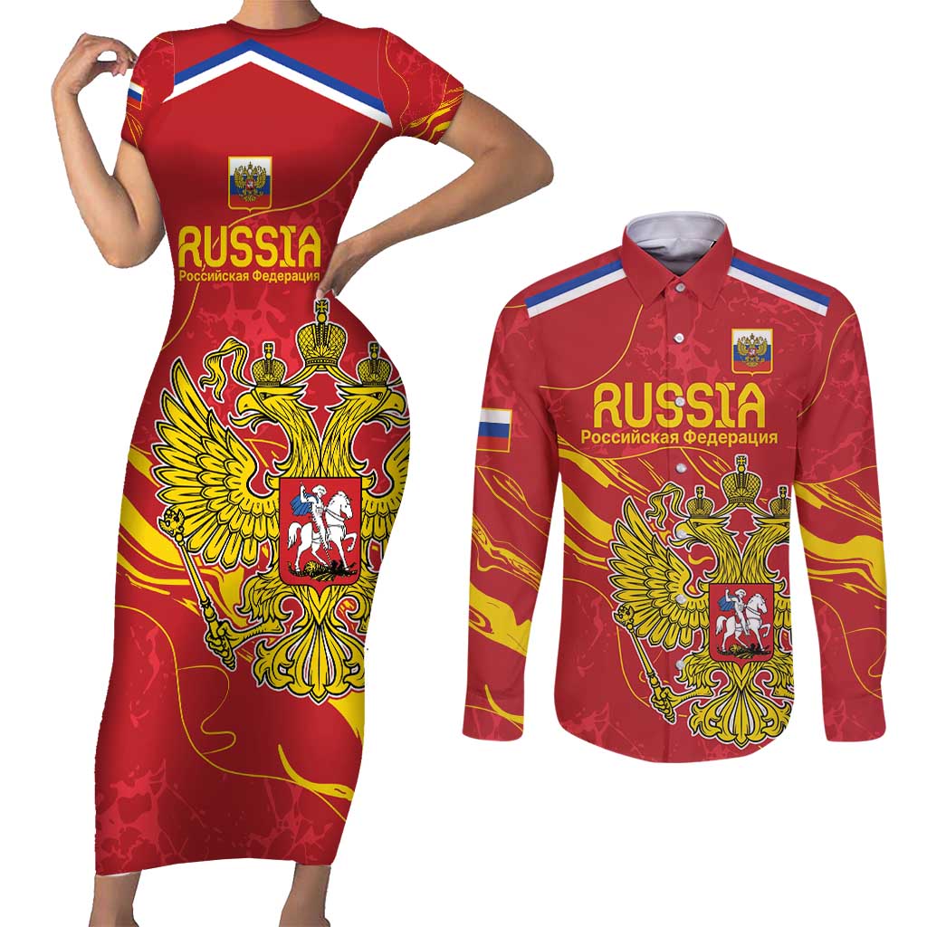 Custom Russia with Double-headed Eagle Couples Matching Short Sleeve Bodycon Dress and Long Sleeve Button Shirt LT9 - Wonder Print Shop