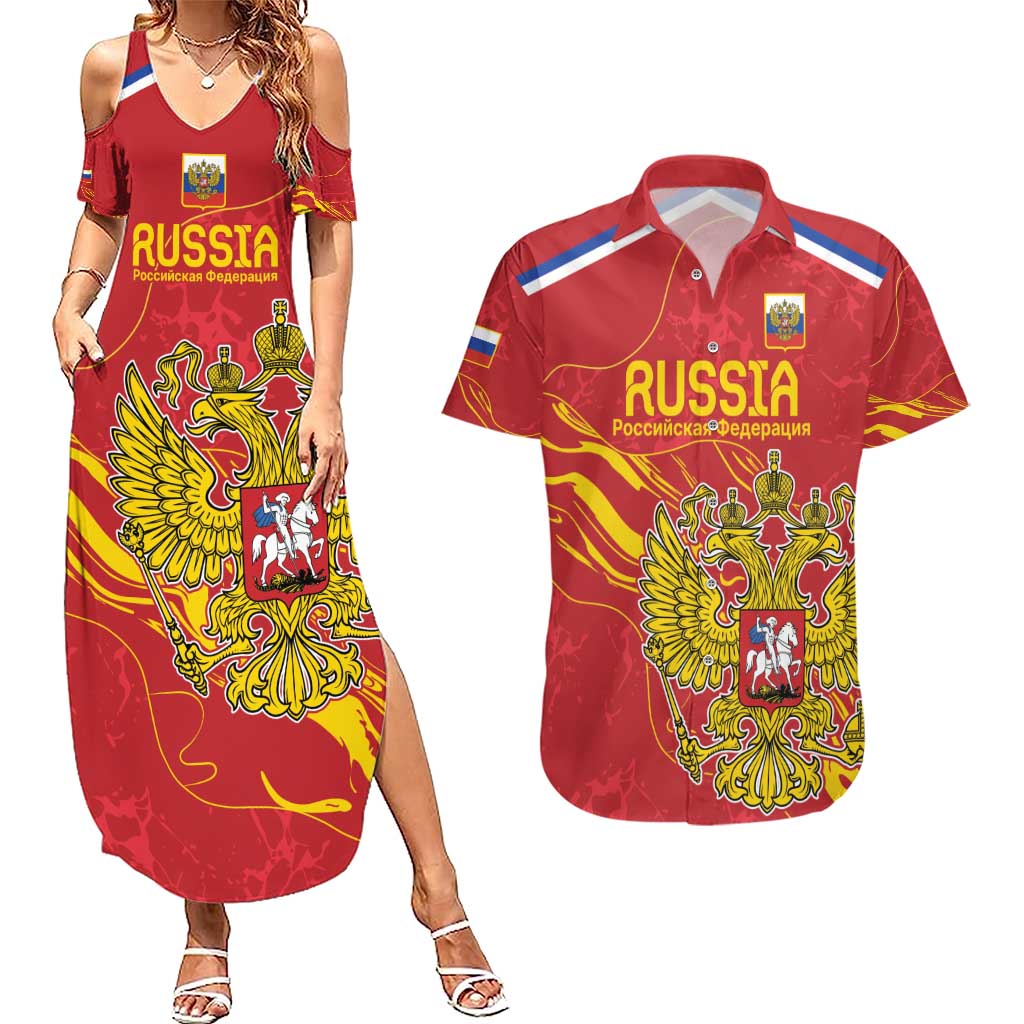 Custom Russia with Double-headed Eagle Couples Matching Summer Maxi Dress and Hawaiian Shirt LT9 - Wonder Print Shop