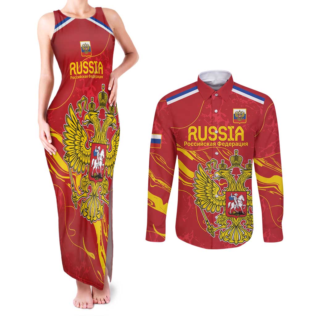 Custom Russia with Double-headed Eagle Couples Matching Tank Maxi Dress and Long Sleeve Button Shirt LT9 - Wonder Print Shop