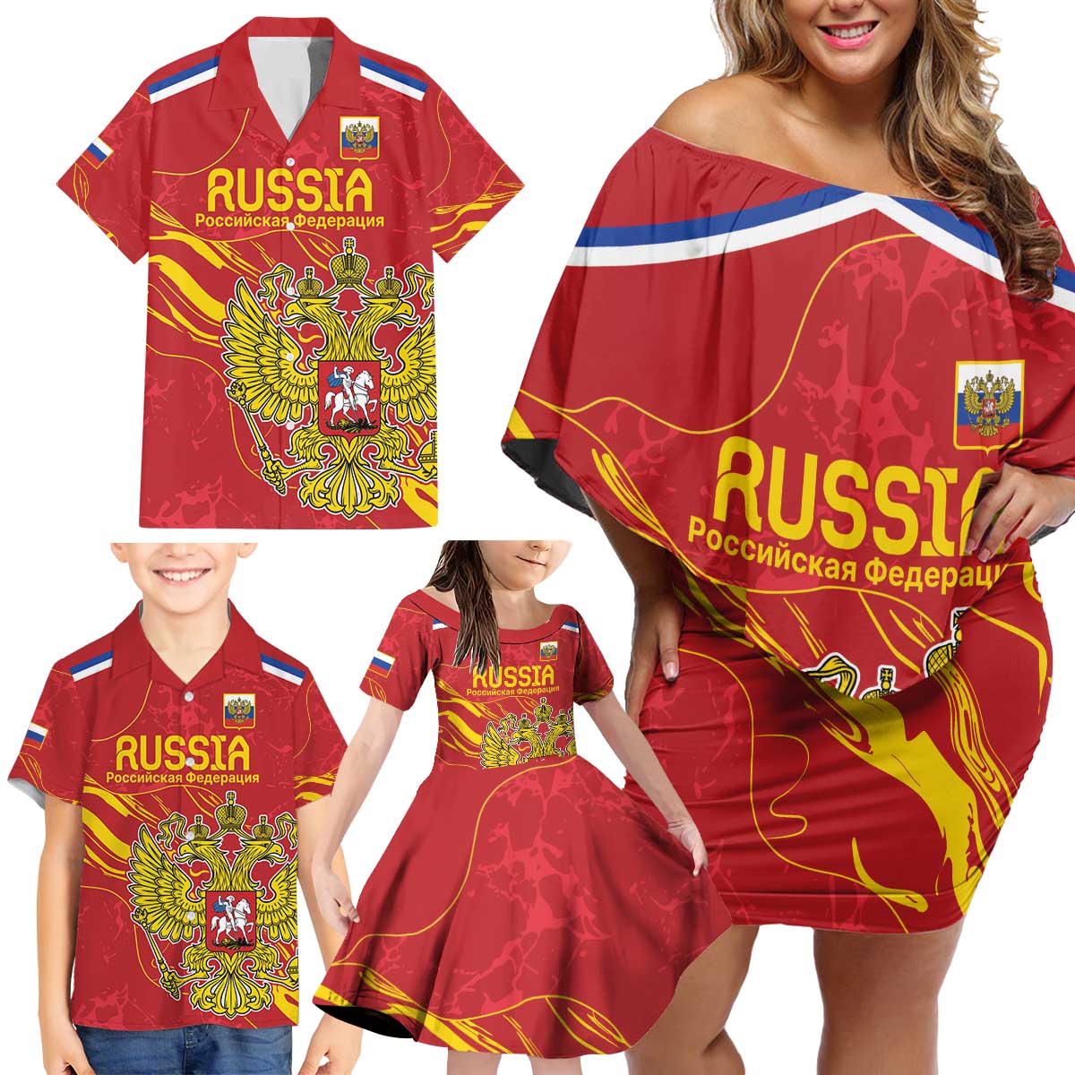 Custom Russia with Double-headed Eagle Family Matching Off Shoulder Short Dress and Hawaiian Shirt LT9 - Wonder Print Shop