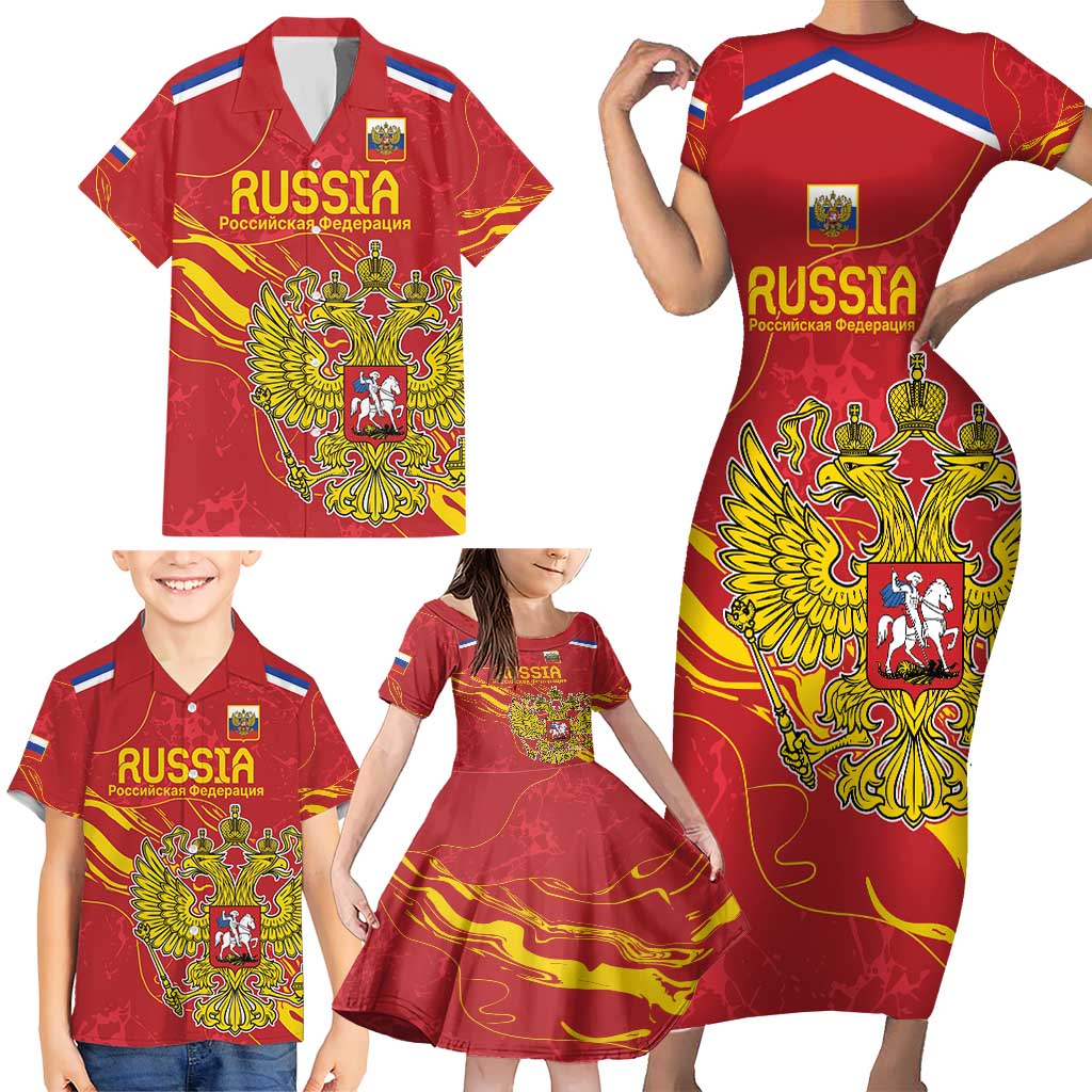 Custom Russia with Double-headed Eagle Family Matching Short Sleeve Bodycon Dress and Hawaiian Shirt - Wonder Print Shop