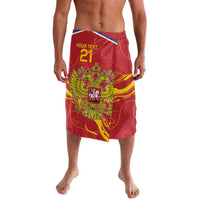 Red flag-print lavalava with yellow double-headed eagle emblem and trim; your text panel