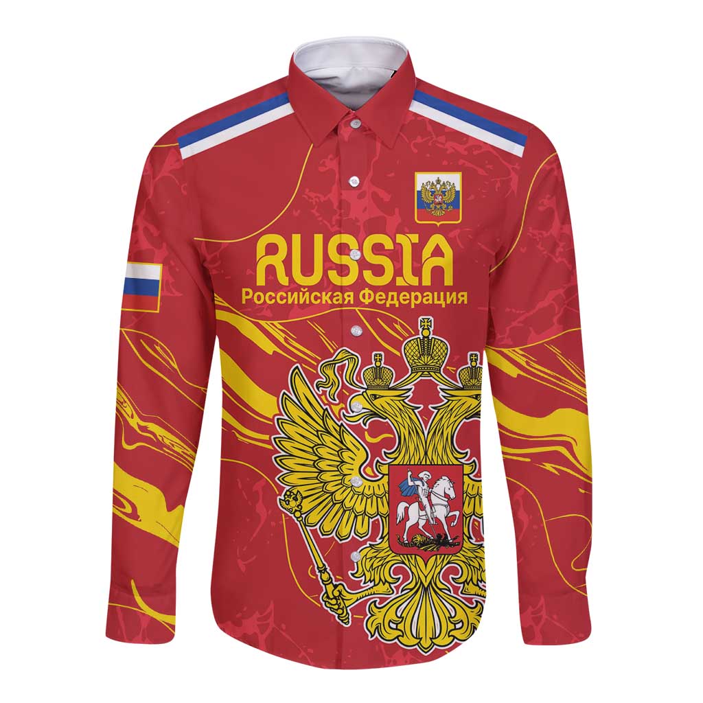Red long-sleeve button shirt with Russia text, double-headed eagle crest and flag stripes