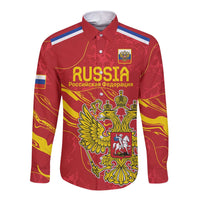 Red long-sleeve button shirt with Russia text, double-headed eagle crest and flag stripes