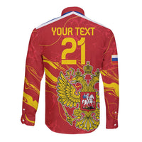 Red long-sleeve button shirt back with YOUR TEXT 21 and double-headed eagle crest