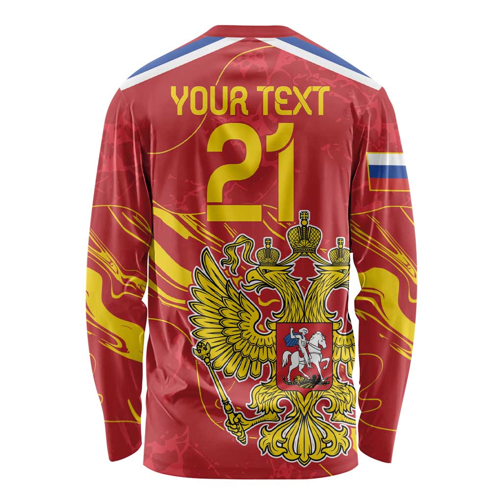Red long sleeve shirt with double-headed eagle and crest graphic, back view