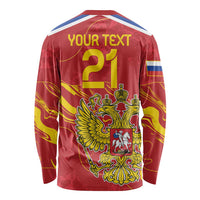 Red long sleeve shirt with double-headed eagle and crest graphic, back view