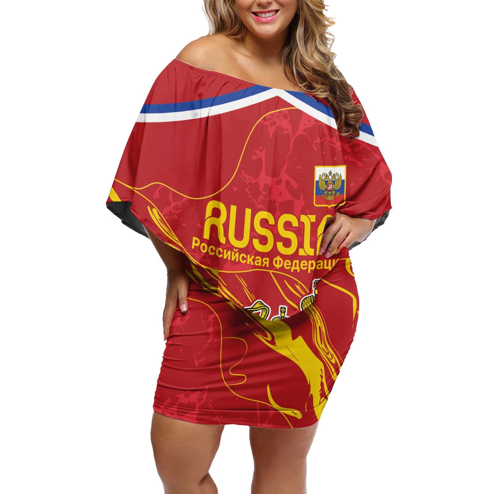 Custom Russia with Double-headed Eagle Off Shoulder Short Dress - Wonder Print Shop