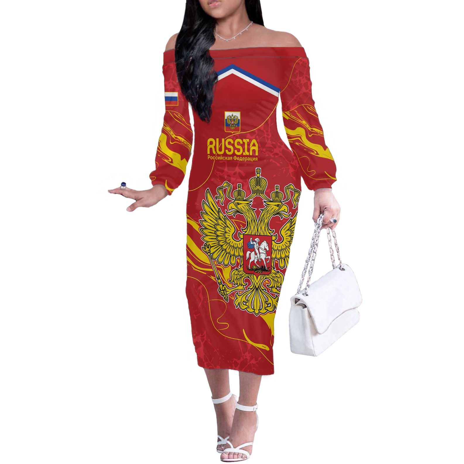 Custom Russia with Double-headed Eagle Off The Shoulder Long Sleeve Dress - Wonder Print Shop