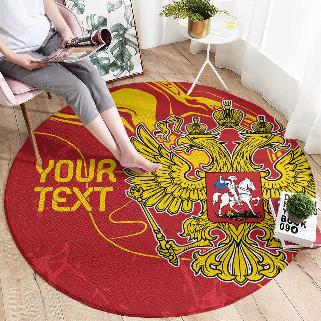 Red round rug with large yellow eagle and coat of arms, customizable text