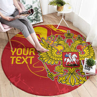 Red round rug with large yellow eagle and coat of arms, customizable text