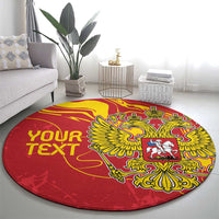 Red round rug with central double-headed eagle and yellow crest, customizable text