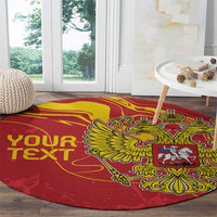 Red round rug with sweeping yellow double-headed eagle, coat of arms, customizable text