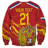 Red unisex sweatshirt with double-headed eagle graphic, "YOUR TEXT" and number 21