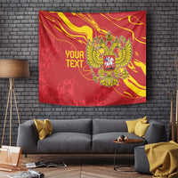 Red wall tapestry with gold double-headed eagle emblem and "YOUR TEXT" above sofa