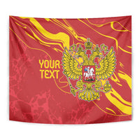 Red tapestry close-up with gold double-headed eagle crest and "YOUR TEXT"