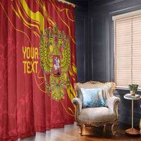 Red window curtain with yellow double-headed eagle emblem and 'YOUR TEXT' text on panel