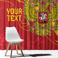 Red curtain panel with large yellow double-headed eagle crest and 'YOUR TEXT' lettering