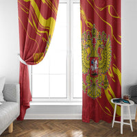 Red window curtain panel tied to the side, showing yellow double-headed eagle crest