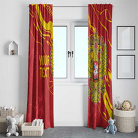 Red window curtains with yellow ornate lines, double-headed eagle crest, and 'YOUR TEXT'