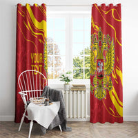 Red window curtain panels with yellow double-headed eagle emblem and 'YOUR TEXT' lettering