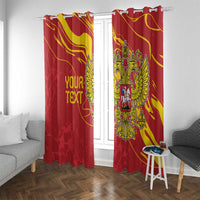 Red window curtain panels with yellow double-headed eagle crest, 'YOUR TEXT' on left panel
