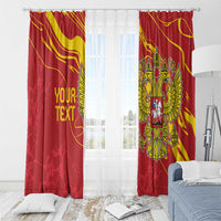 Red window curtains with yellow double-headed eagle crest and 'YOUR TEXT' on one panel