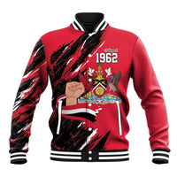 Red baseball jacket with black graphic sleeves, striped collar/cuffs, snap front, crest 1962